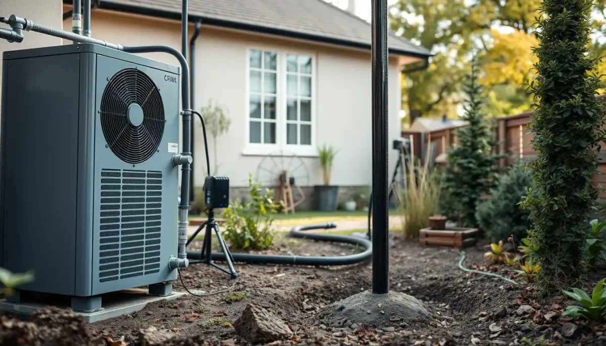 Installation d'une pompe à chaleur géothermique avec forage vertical dans un jardin résidentiel