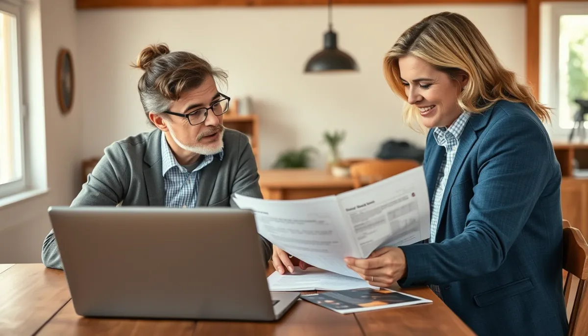 Propriétaire et conseiller énergétique examinant les documents de subvention pour une pompe à chaleur