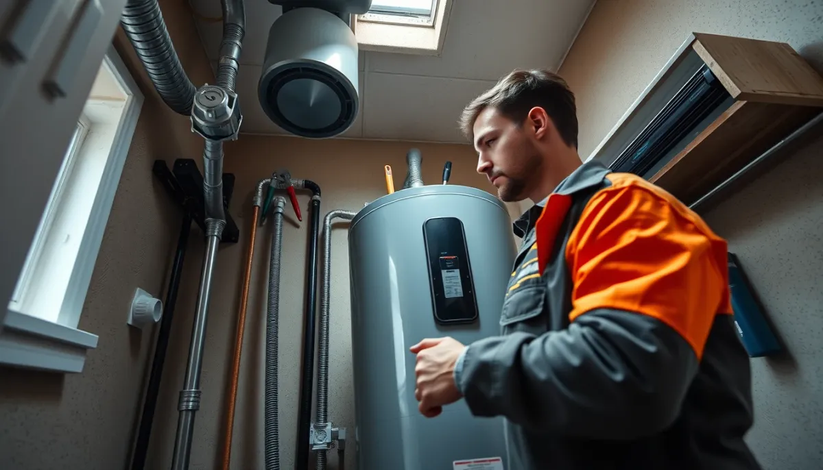 Technicien installant un boiler thermodynamique dans une buanderie