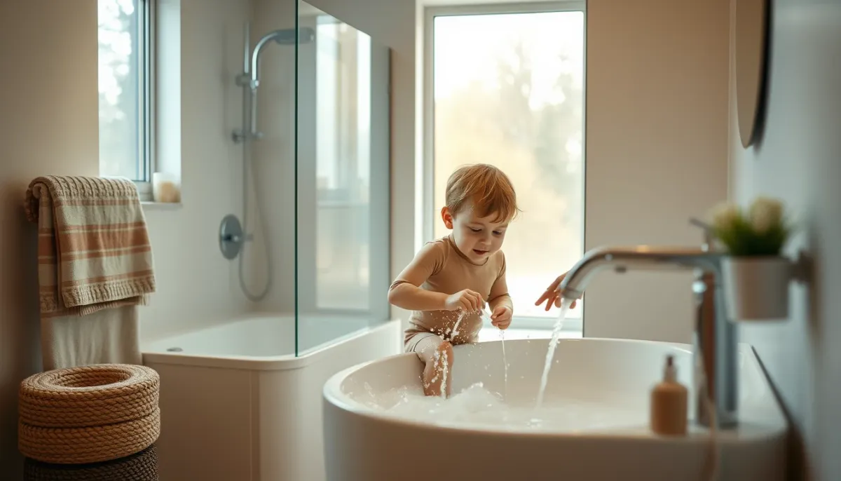 Famille utilisant l'eau chaude dans une salle de bain moderne
