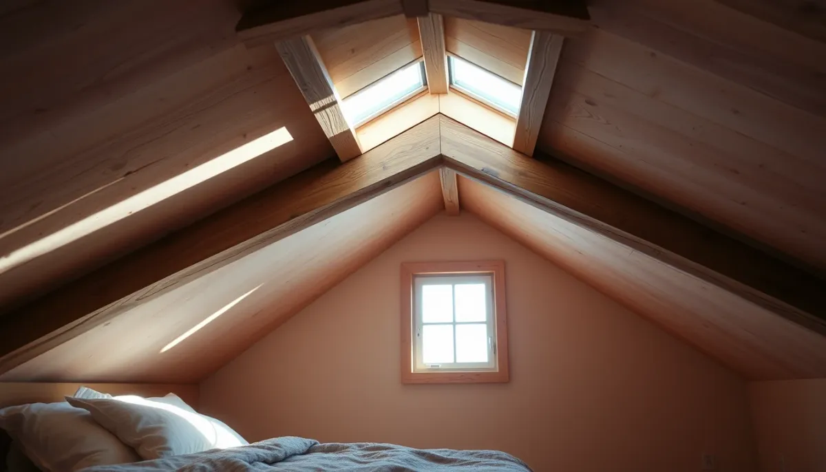 Chambre sous toiture confortable avec isolation performante, illustrant le confort thermique et acoustique