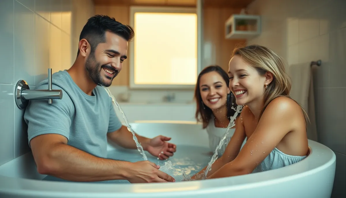 Famille utilisant l'eau chaude dans une salle de bain moderne