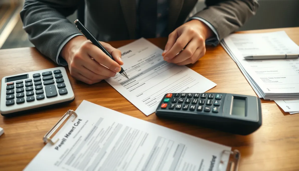 Personne remplissant une déclaration d'impôt avec des factures et une calculatrice sur un bureau