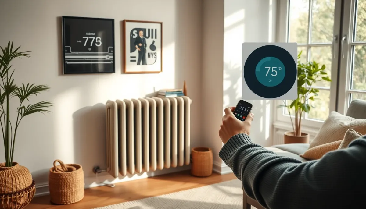 Intérieur confortable avec radiateur moderne et thermostat intelligent réglé par un occupant