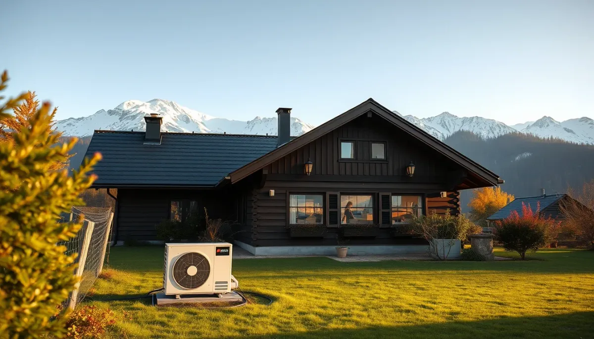 Villa individuelle suisse avec pompe à chaleur dans le jardin au coucher du soleil