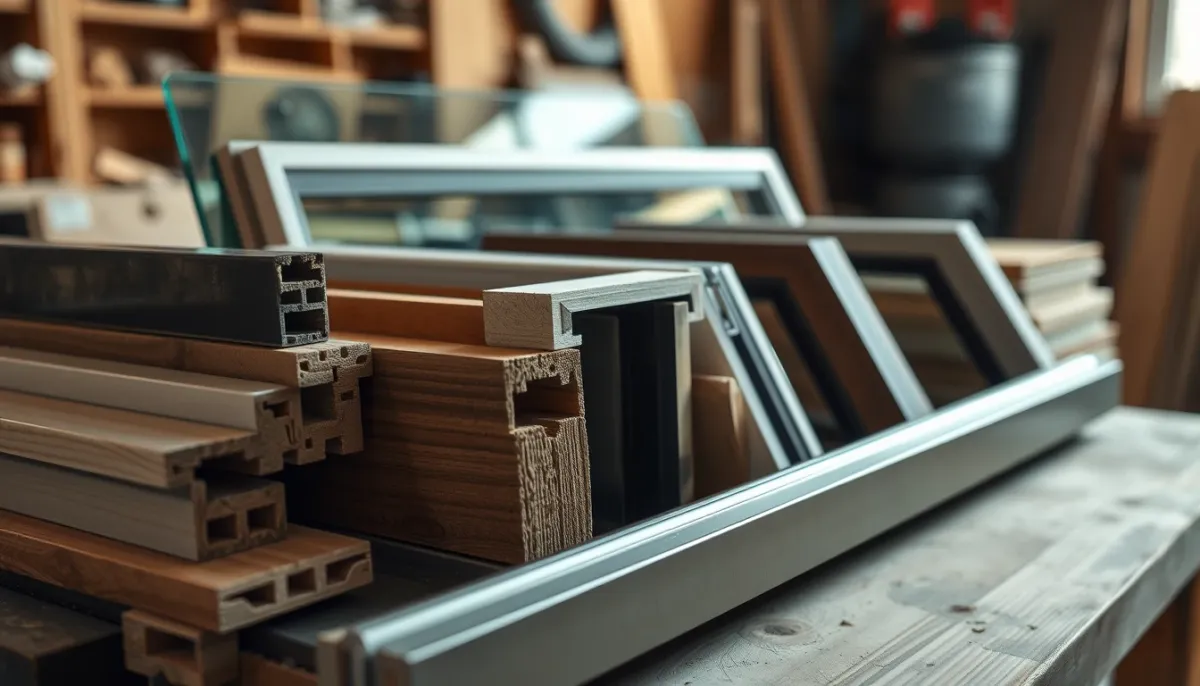 Échantillons de matériaux de menuiserie : PVC, bois et bois-métal pour fenêtres