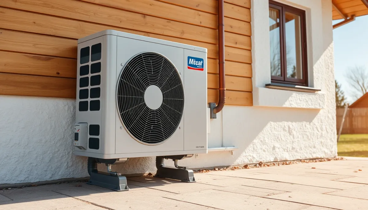 Unité extérieure d'une pompe à chaleur air/eau installée contre un mur de maison