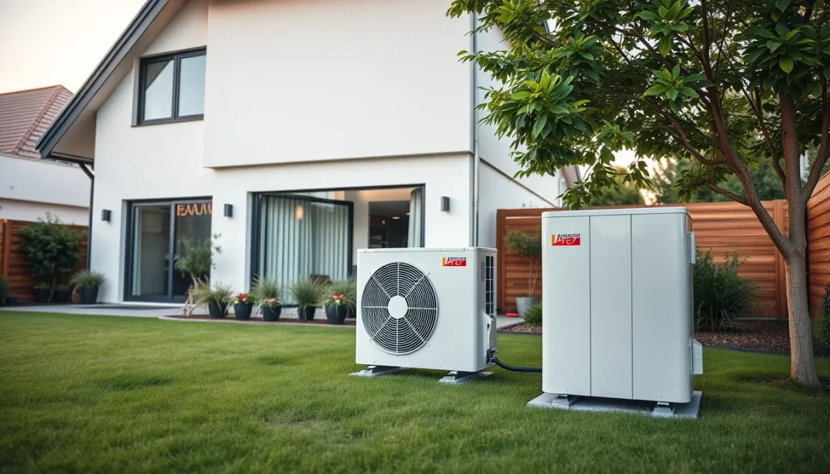 Villa moderne avec une pompe à chaleur installée dans le jardin