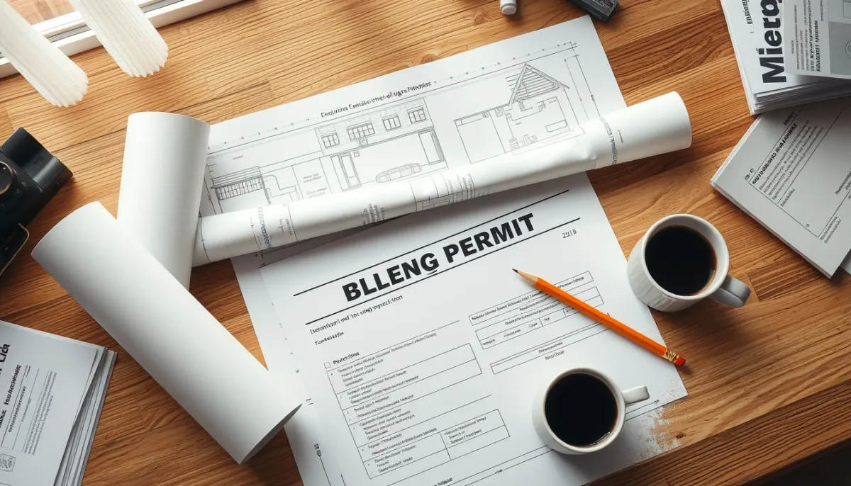 Plans architecturaux et dossier de demande de permis de construire sur un bureau