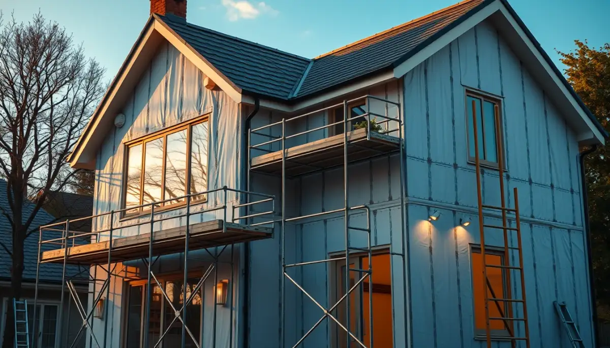 Chantier d'isolation périphérique avec échafaudage sur une maison