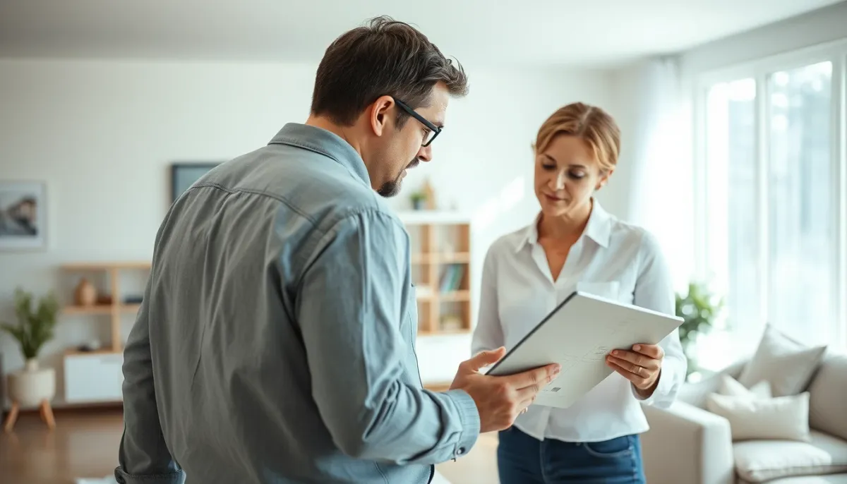 Propriétaire et architecte discutant de plans de rénovation énergétique