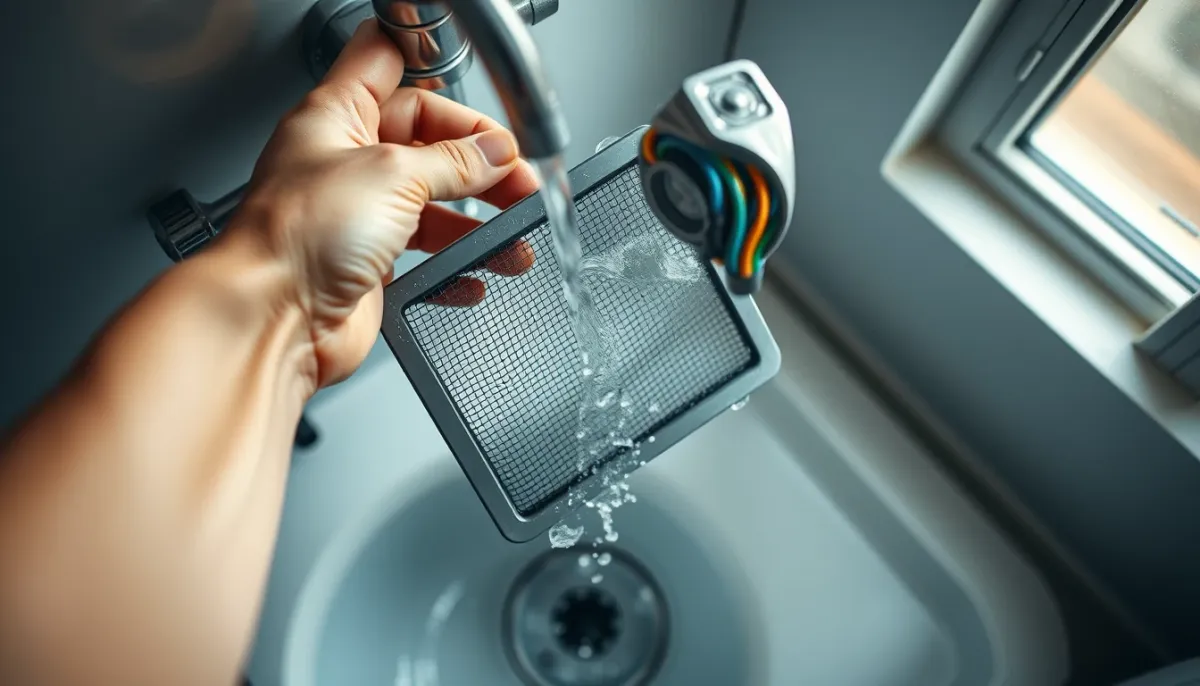 Nettoyage du filtre à tamis d'une pompe à chaleur sous l'eau courante