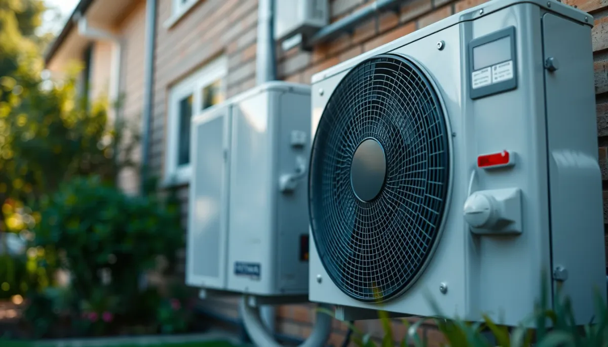 Gros plan sur une pompe à chaleur air/eau installée à l'extérieur d'une habitation, mettant en avant l'équipement énergétique