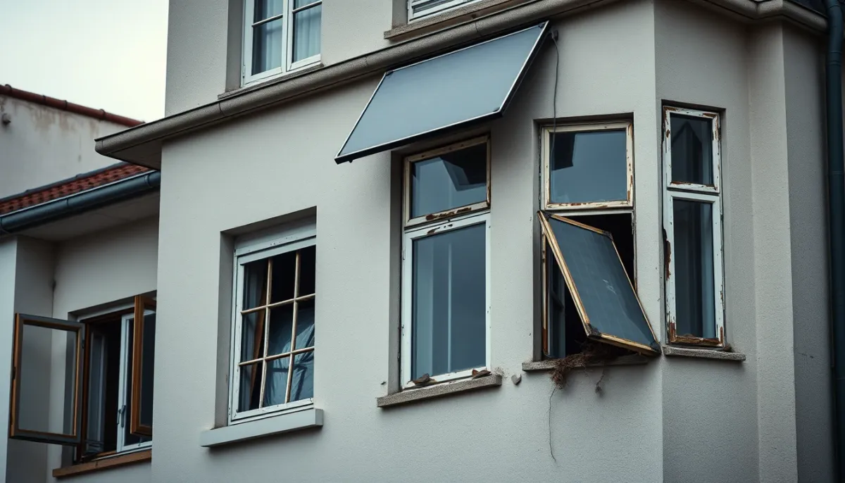 Façade d'un immeuble résidentiel avec des fenêtres anciennes et sans panneaux solaires, illustrant un cas où les aides communales ne sont pas adaptées