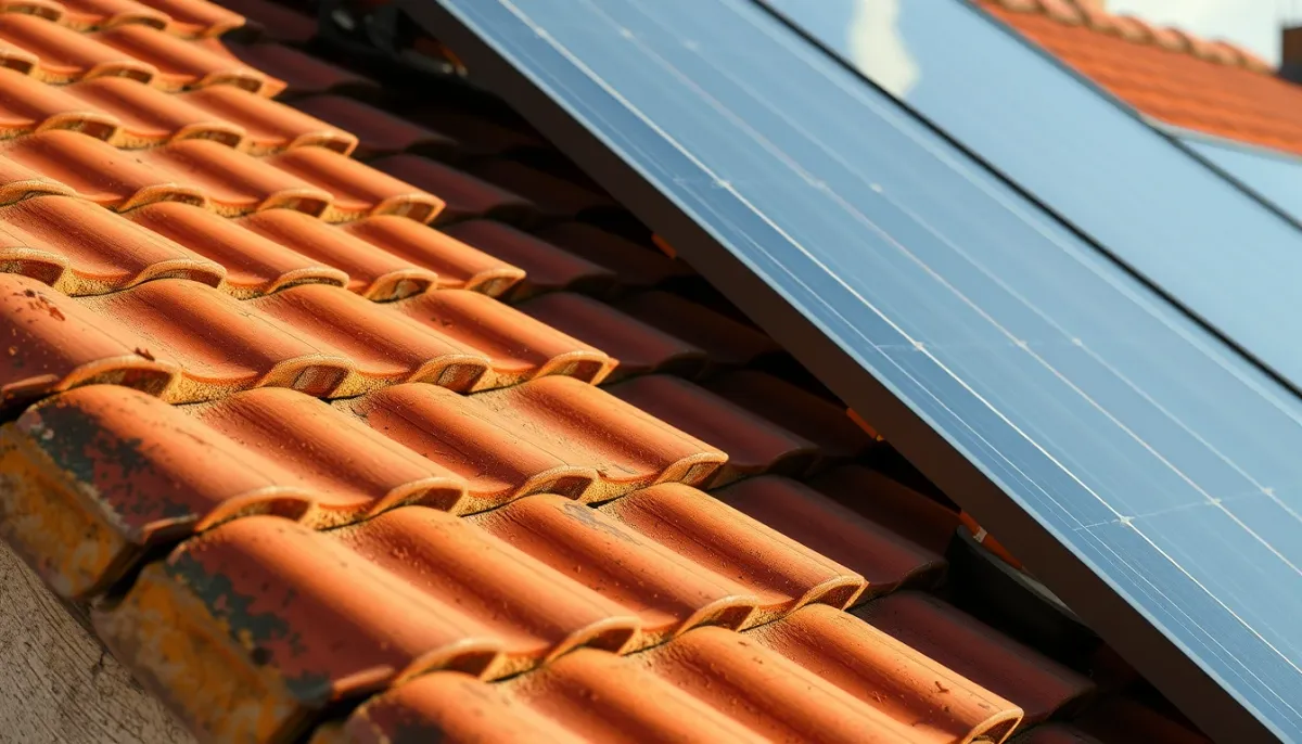 Gros plan sur des panneaux solaires fixés sur un toit en tuiles, montrant les fixations et l'intégration à la toiture
