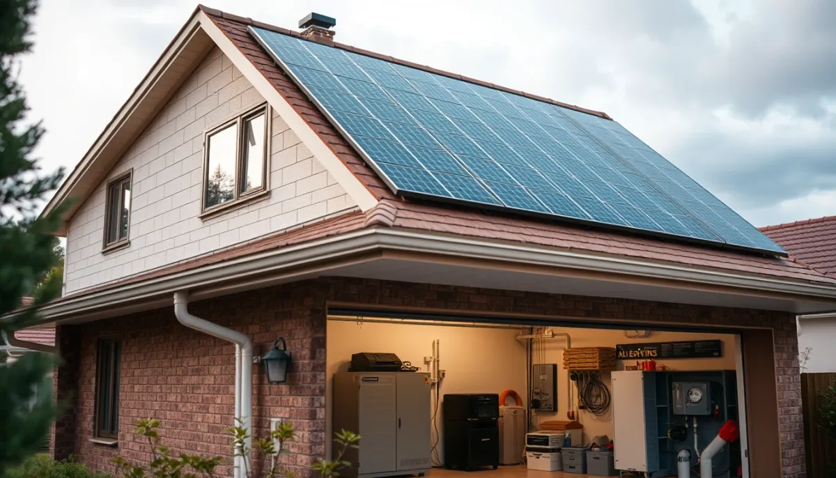 Installation solaire avec batterie de stockage dans une maison, montrant l'ensemble du système photovoltaïque