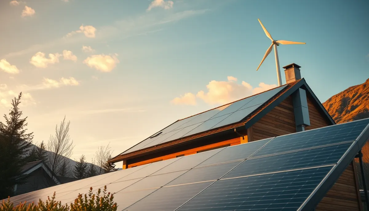 Maison suisse avec panneaux solaires et éolienne, illustrant les énergies renouvelables et la rentabilité