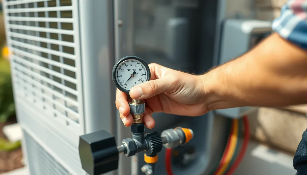 Technicien vérifiant les pressions sur une pompe à chaleur air/air