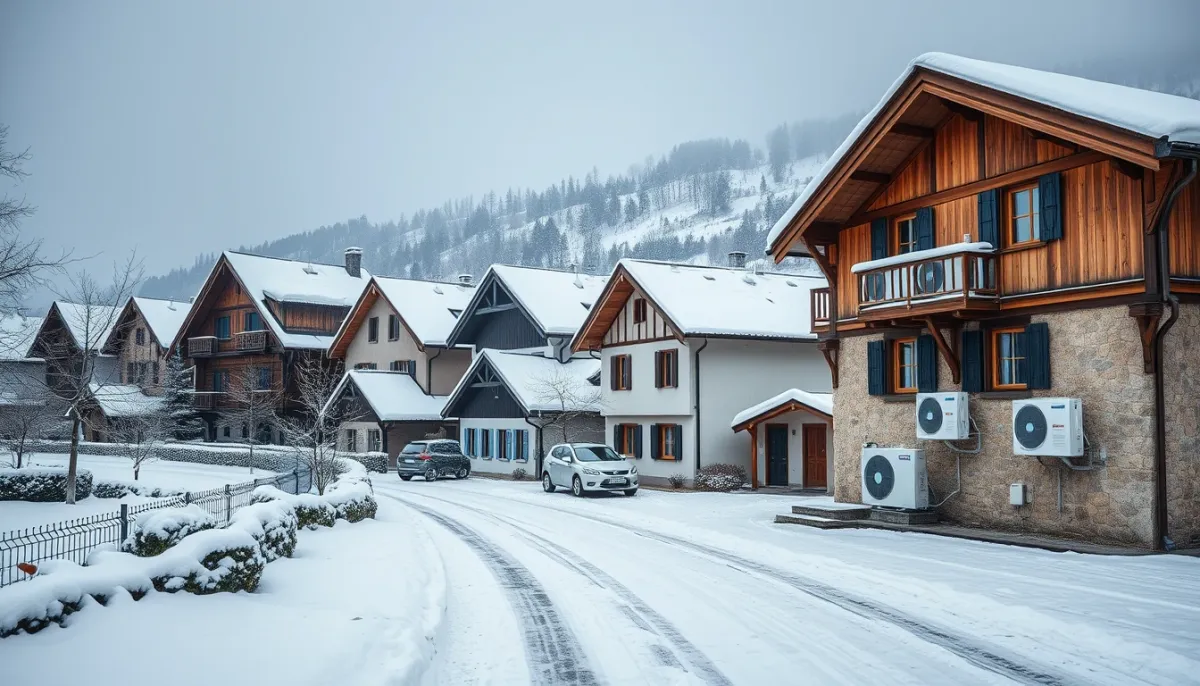 Village suisse en hiver avec des pompes à chaleur sur les façades