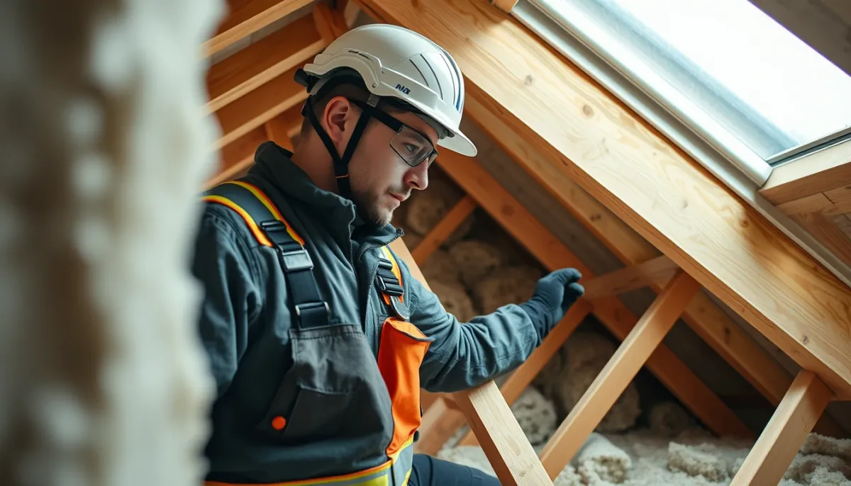 Artisan posant de la laine de verre entre les solives d'un plancher de combles