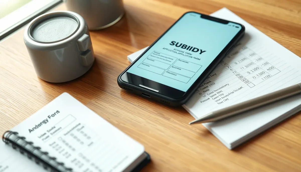 Smartphone avec formulaire de demande de subvention et carnet de calculs sur un bureau en bois
