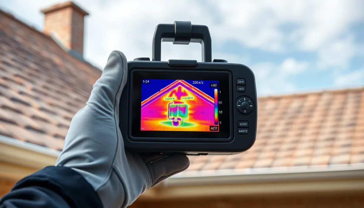 Caméra thermique détectant les pertes de chaleur à travers le toit d'une maison