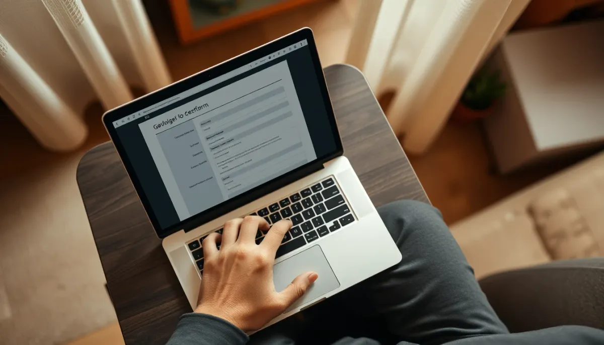 Personne remplissant une demande en ligne sur un ordinateur portable