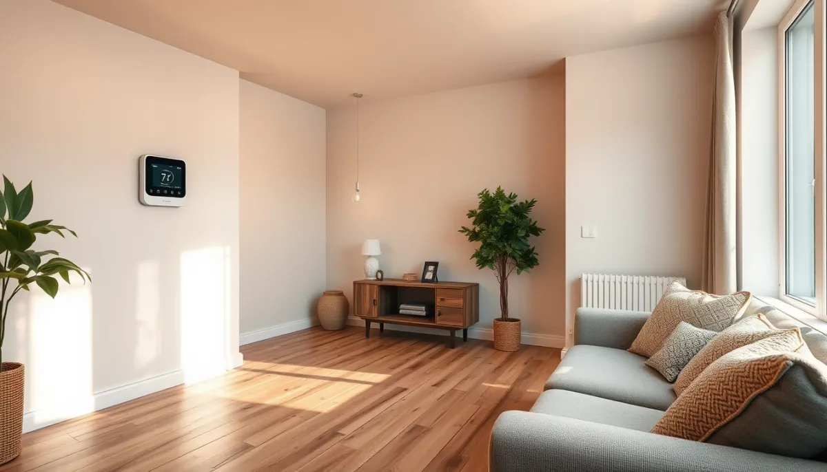 Salon confortable avec chauffage au sol et thermostat moderne