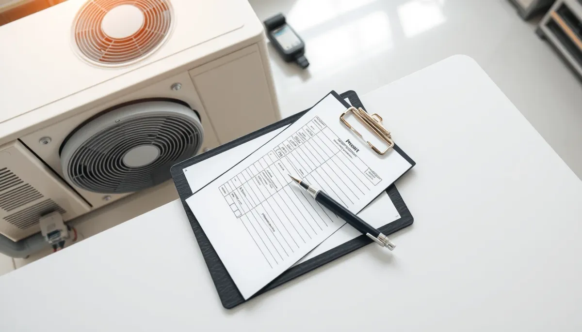 Liste de contrôle d'entretien sur un plan de travail avec des composants de pompe à chaleur