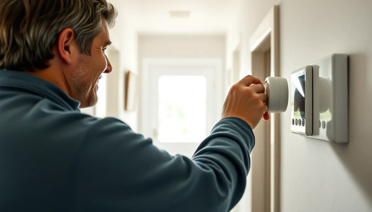 Propriétaire réglant le thermostat de sa pompe à chaleur dans un couloir lumineux