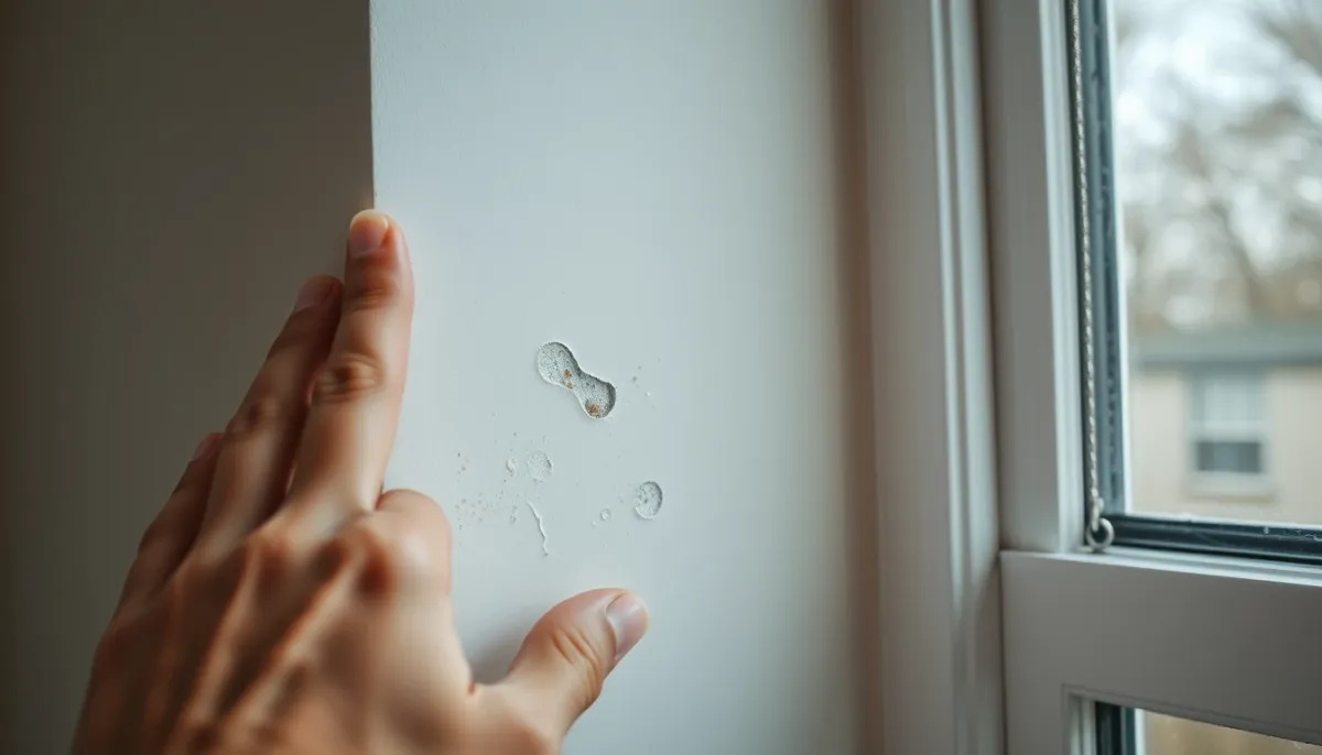 Main touchant un angle de mur froid avec condensation et moisissures, lors d'une inspection