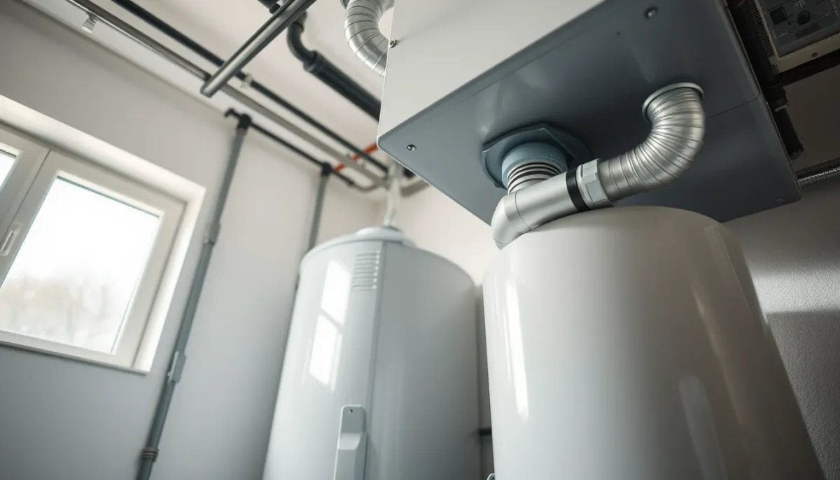 Vue rapprochée d'un boiler thermodynamique et de ses raccordements