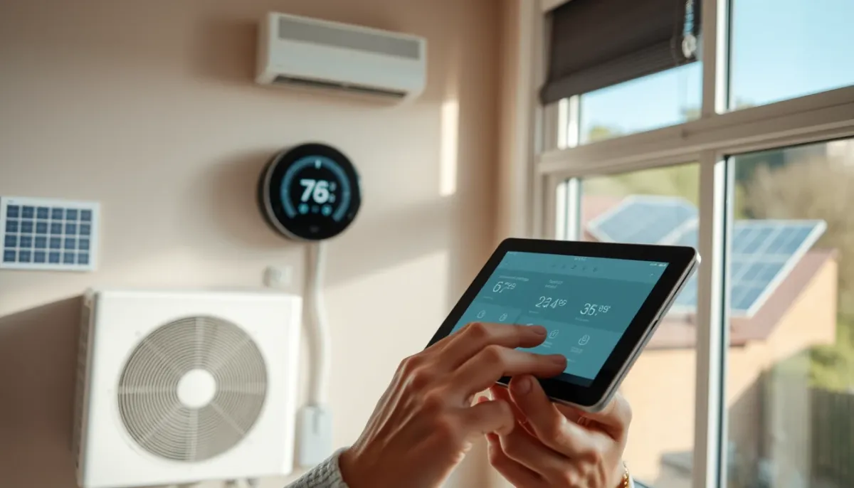 Propriétaire réglant un gestionnaire d'énergie sur une tablette pour optimiser l'autoconsommation solaire
