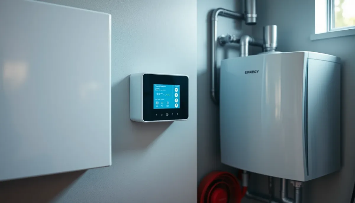 Gestionnaire d'énergie installé dans un local technique, pilotant une pompe à chaleur et un boiler thermodynamique