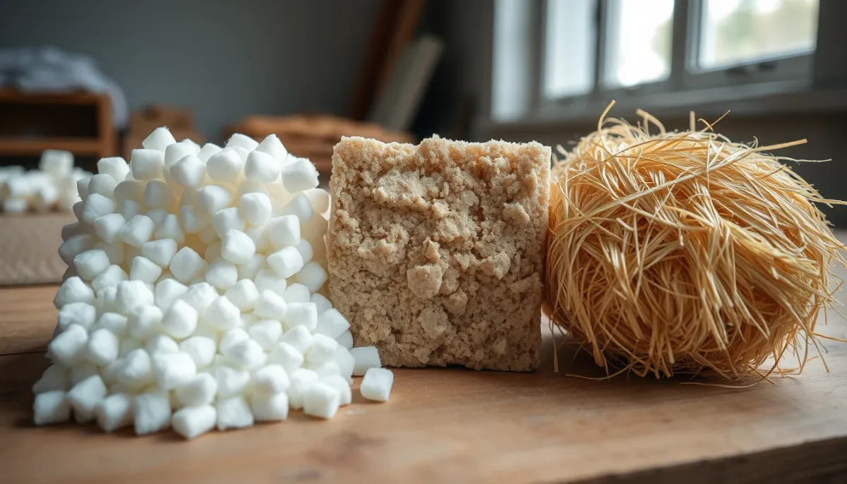 Gros plan sur trois échantillons d'isolants : EPS, laine de roche et fibre de bois