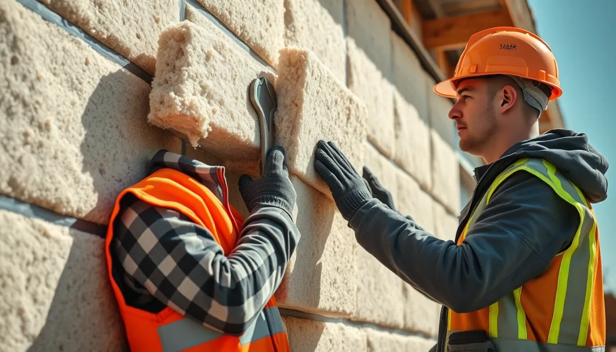 Ouvrier installant de la laine de roche sur un mur extérieur lors d'une isolation périphérique