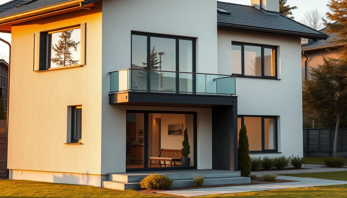 Villa moderne en Suisse avec isolation périphérique sur façade, lumière dorée