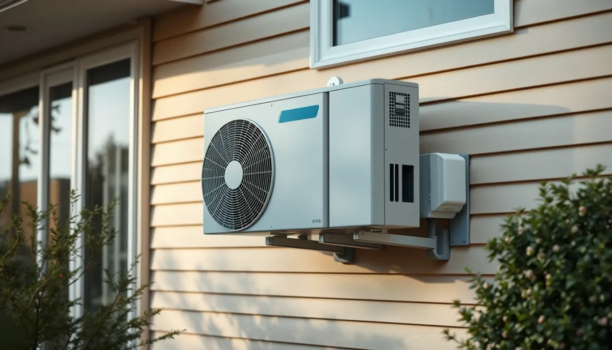Pompe à chaleur air/eau installée à l'extérieur d'une maison, vue de trois quarts