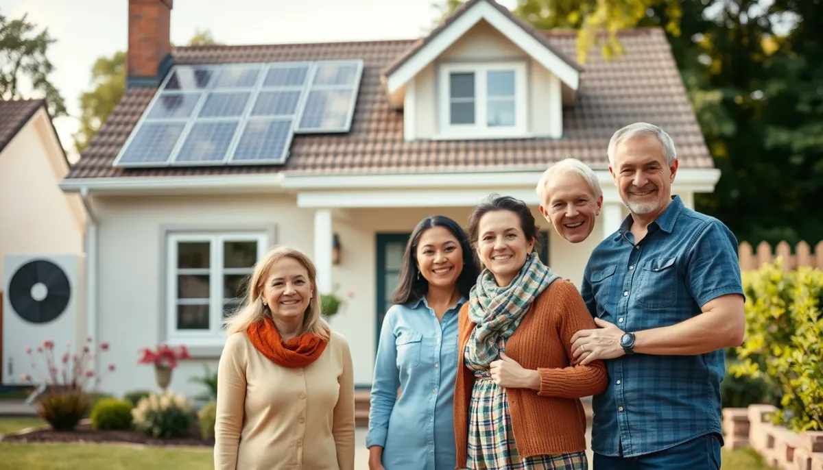 Famille devant sa maison équipée de panneaux solaires et d'une pompe à chaleur, symbole de confort et d'économies