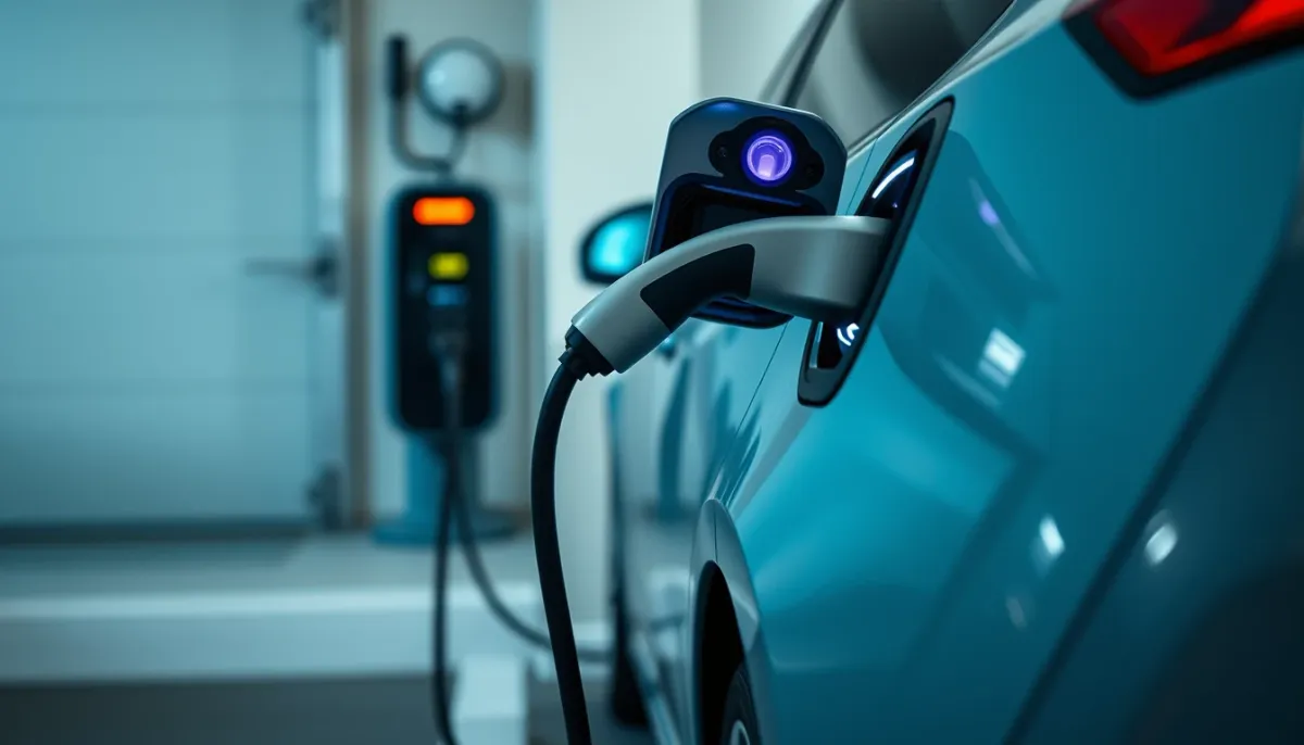 Voiture électrique en charge pendant la nuit dans un garage résidentiel, avec borne de recharge connectée