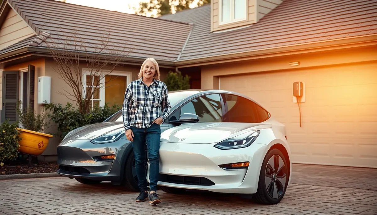 Propriétaire souriant à côté de sa voiture électrique devant sa maison avec une borne de recharge murale