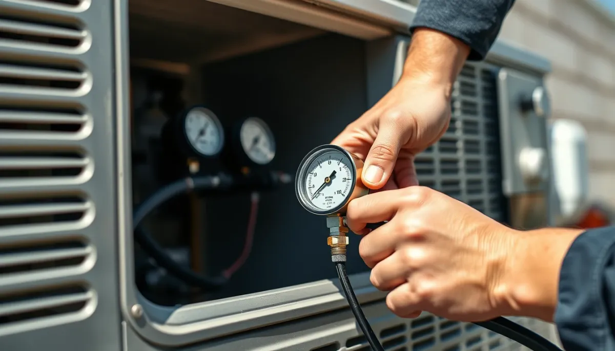 Technicien utilisant un manomètre pour contrôler la pression du circuit frigorifique d'une pompe à chaleur