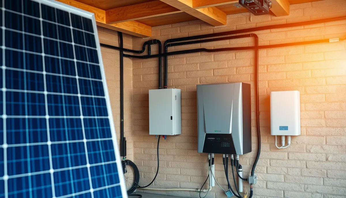 Batterie de stockage domestique installée dans un garage à côté d'un onduleur solaire