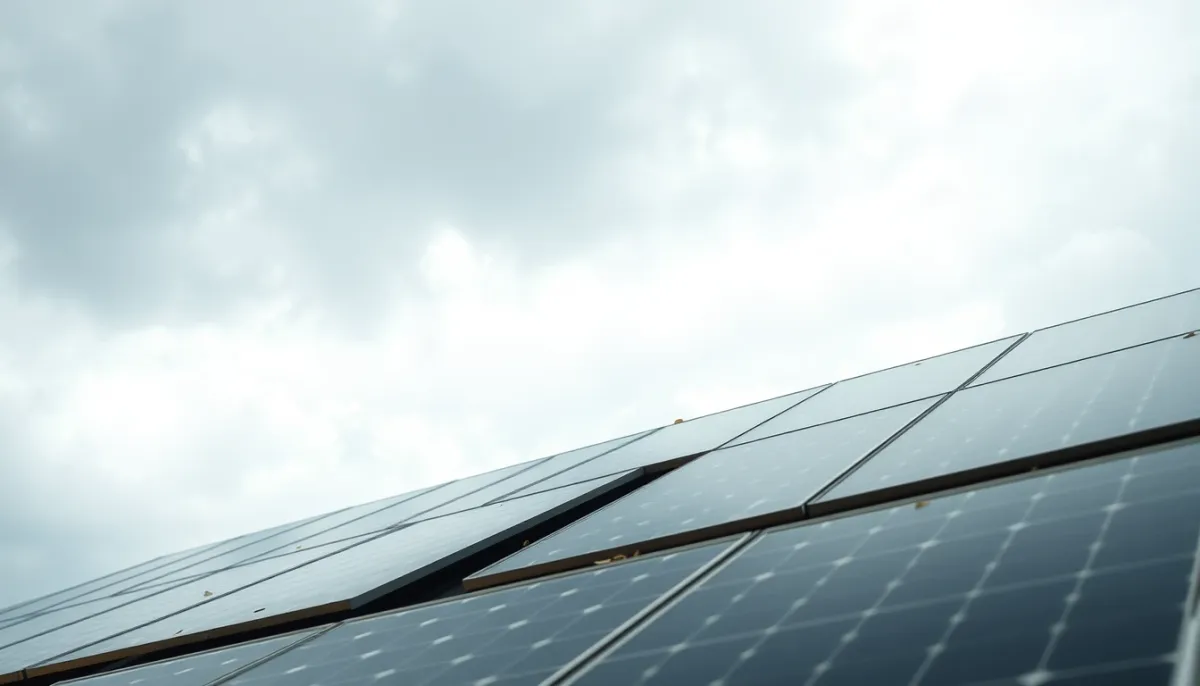 Panneaux solaires sur un toit sous un ciel nuageux, avec quelques feuilles mortes