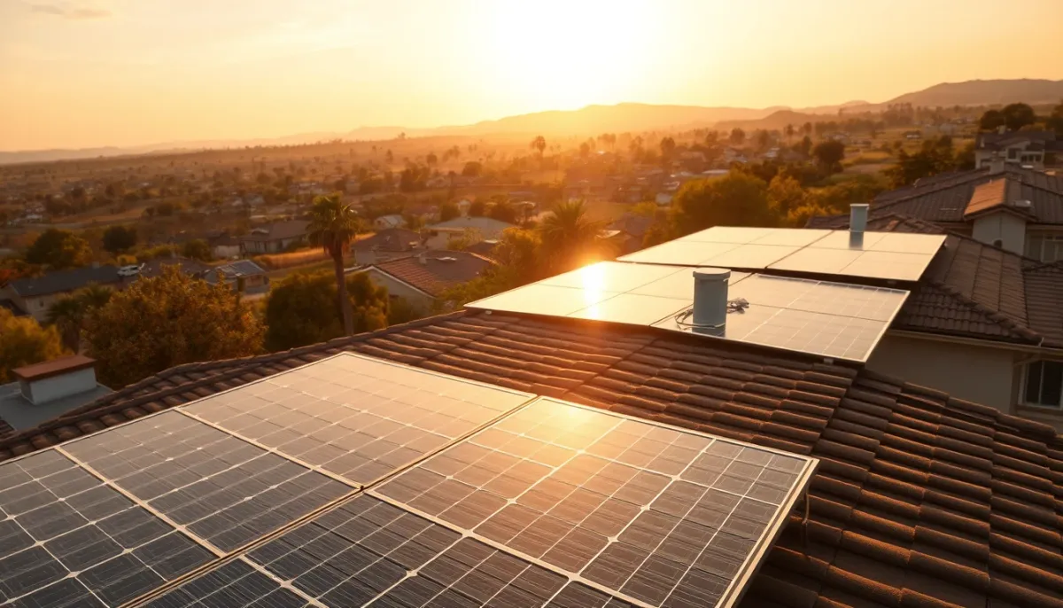Panneaux photovoltaïques sur le toit d'une maison, avec vue sur le paysage