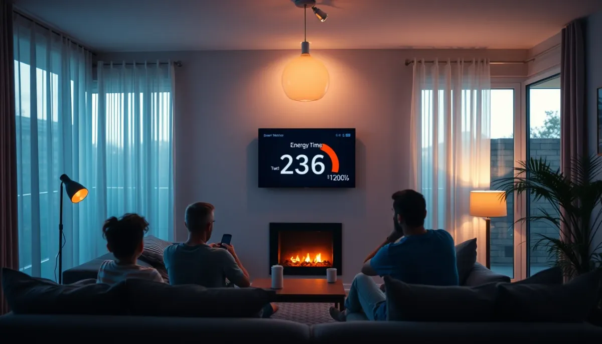 Salon familial le soir avec un moniteur d'énergie intelligent affichant la consommation en temps réel