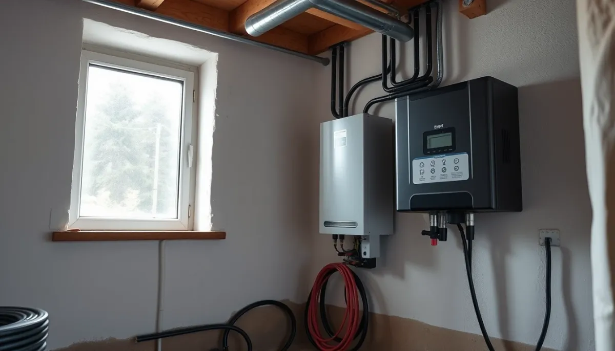Installation de batterie solaire dans une cave suisse, avec onduleur et câblage soigné