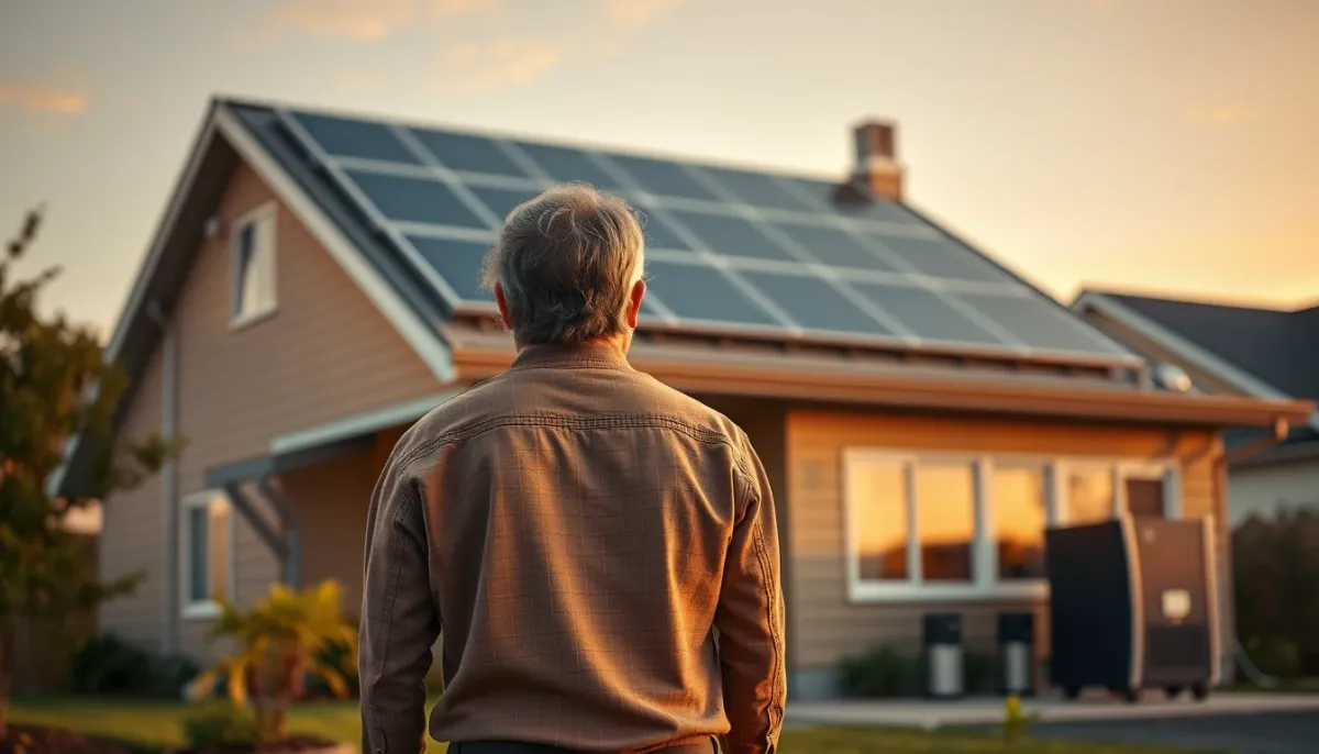 Propriétaire devant sa maison équipée de panneaux solaires et d'une batterie, à l'heure dorée