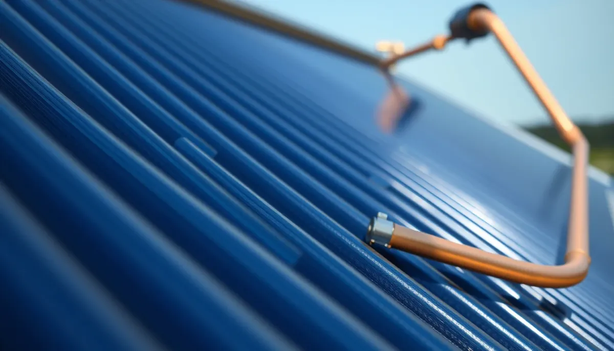 Gros plan sur des capteurs solaires thermiques avec tubes sous vide et raccords en cuivre