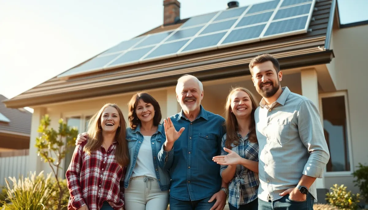 Famille devant sa maison équipée de panneaux solaires, illustrant les bénéficiaires de la solution